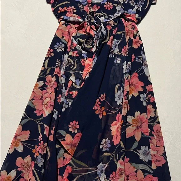 Eliza J Navy Floral Wrap High Low Maxi Dress Romantic Wedding Guest Flowy garden - Picture 6 of 10